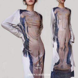 Ann demeulemeester beige kaftan knit maxi long sleeve belted dress